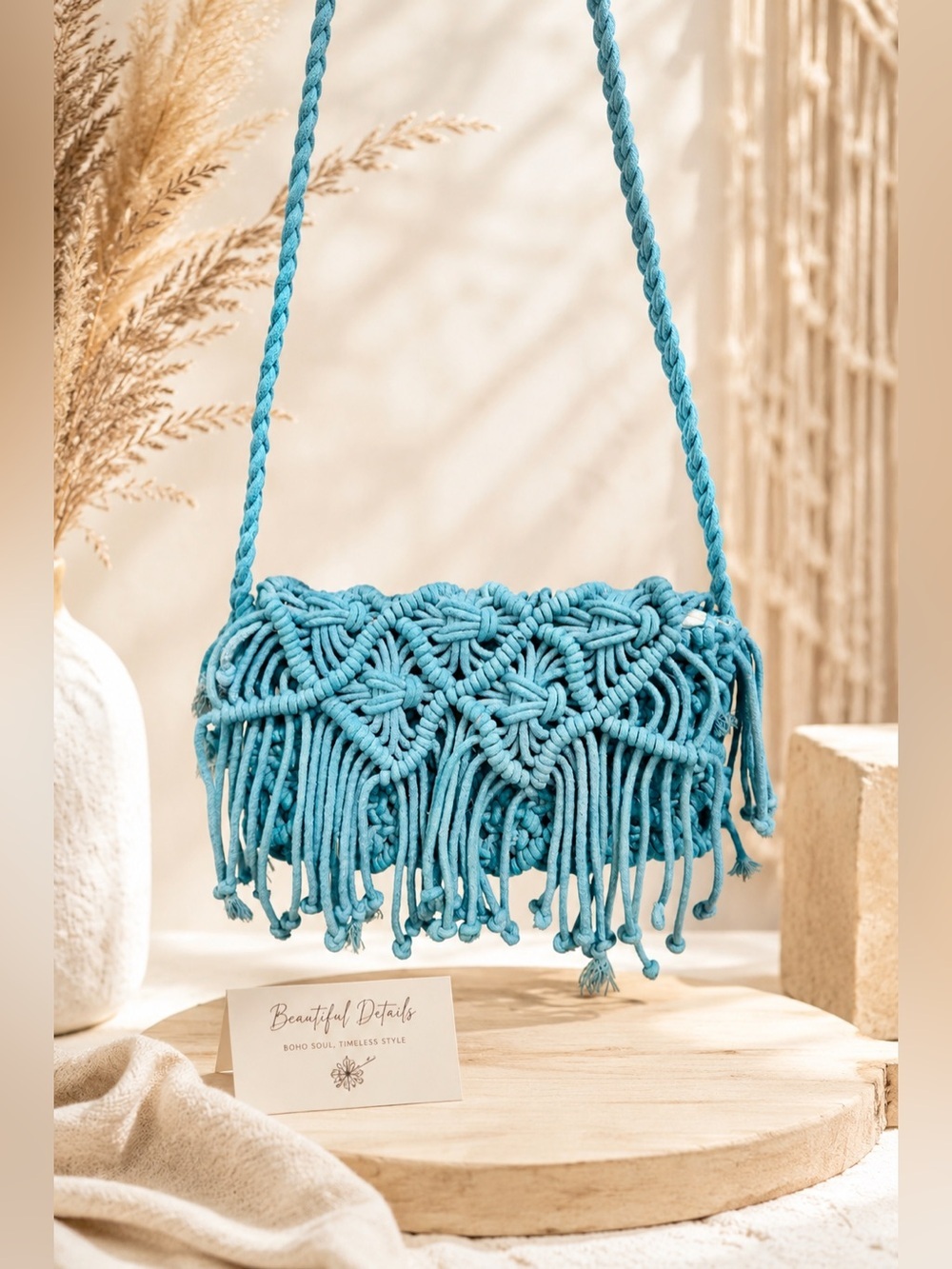 American Flirt Macrame Fringe Crossbody Bag Blue Boho Festival Purse